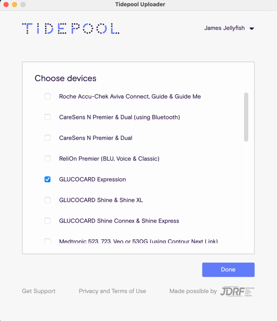 Image of Tidepool Uploader in device selection screen showing GLUCOCARD Expression ticked