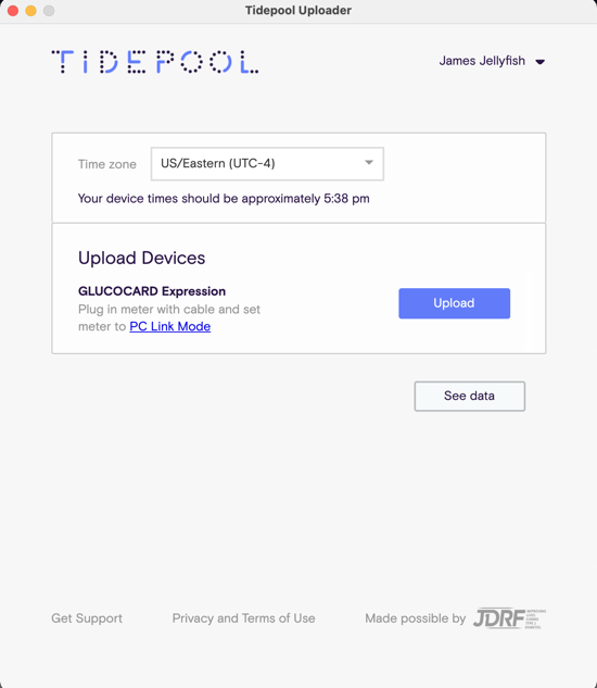 Image of Tidepool Uploader with Upload button shown