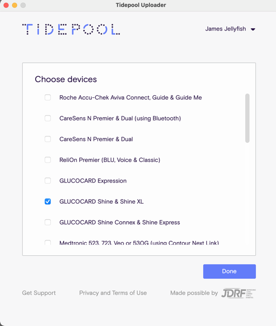 Image of Tidepool Uploader showing the device selection screen with the Shine & Shine XL box checked.