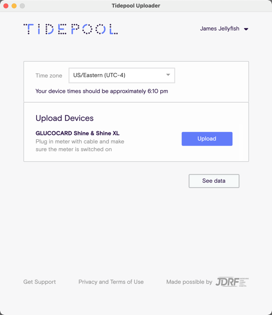 Image of Tidepool Uploader showing Upload button.