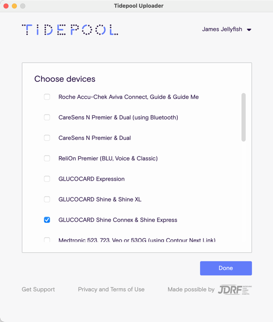 Image of Tidepool Uploader Device Selection screen with GLUCOCARD Shine Connex & Shine Express checked