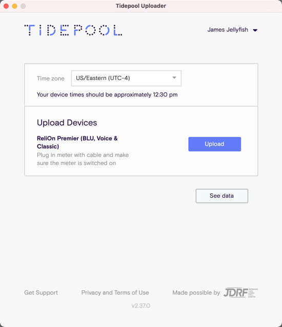 Image of Tidepool Uploader with Upload button ready to be clicked.