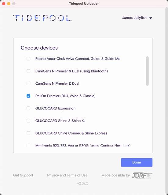 Image of Tidepool Uploader device selection screen with ReliOn Premier selected