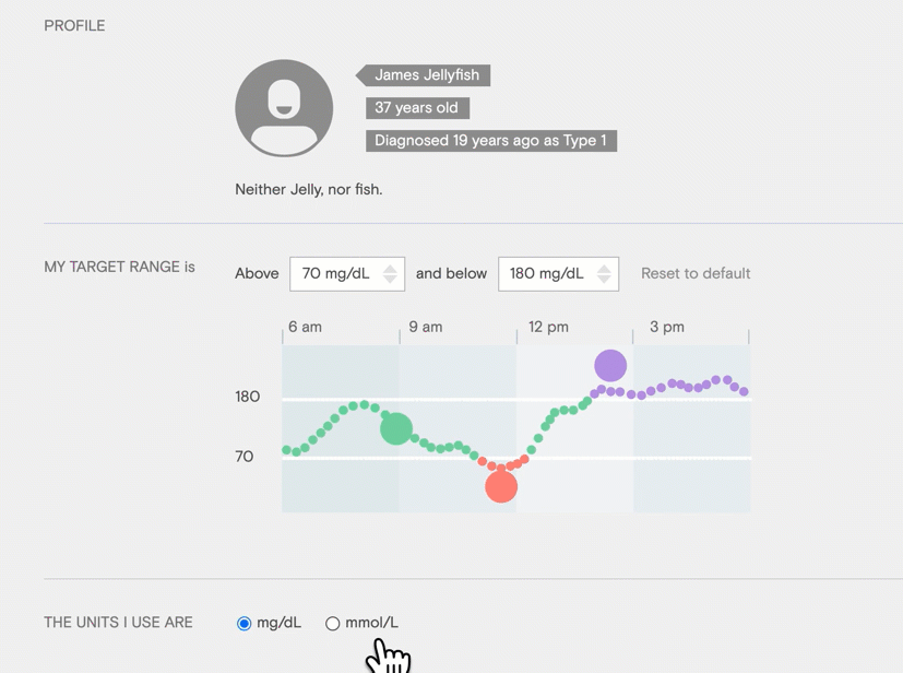 Animation of clicking the mmol/L button.