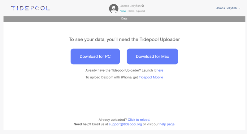 Tidepool Web screen encouraging upload of diabetes data from device.