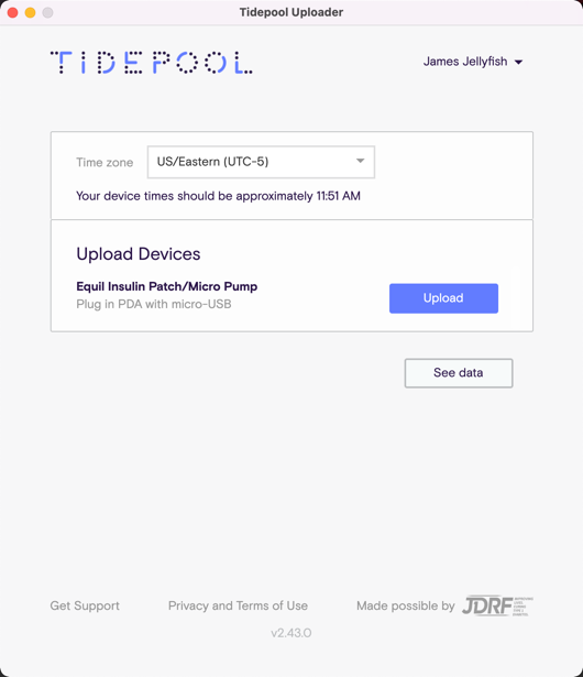 Tidepool Uploader upload screen with Equil Insuiln Patch/Micro pump shown.