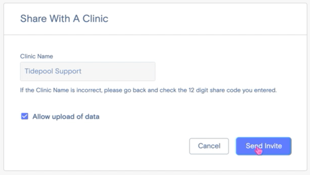 Screenshot of share code confirmation screen with Clinic Name and mouse hovering over Send Invite