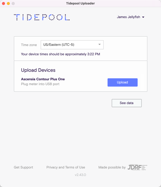 Tidepool Uploader window with Upload button and Ascensia Contour Plus One meter option shown.