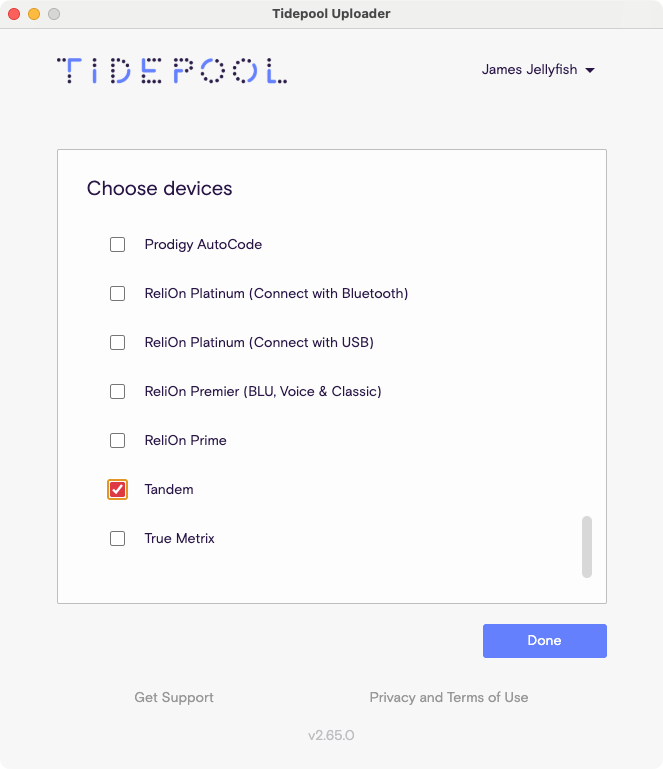 Tidepool Uploader window with Tandem selected