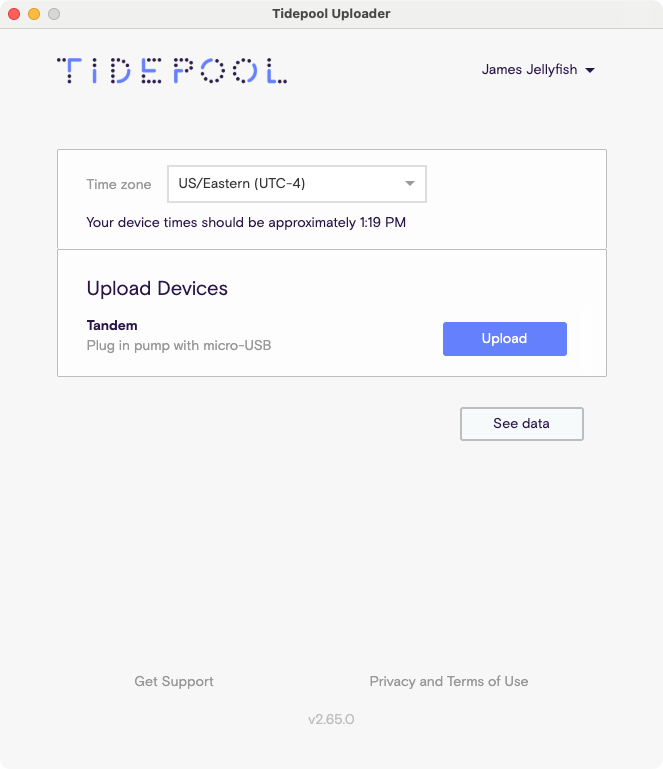 Tidepool Uploader window ready to upload Tandem data