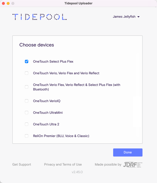 Tidepool Uploader with OneTouch Select Plus Flex meter selected