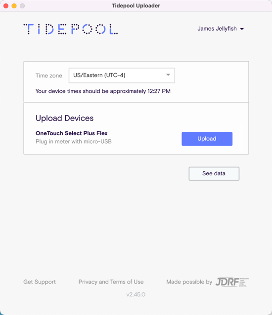 Tidepool Uploader window with Upload button shown