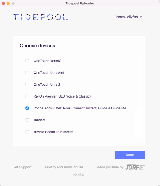 Tidepool Uploader Device selection screen with Roche Accu-Check Aviva Connect, Instant, Guide & Guide Me selected
