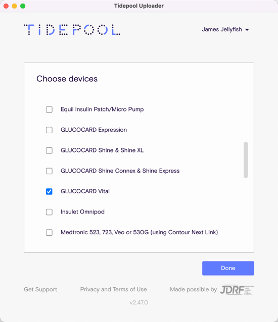 Device selection screens showing Glucocard Vital as selected device.