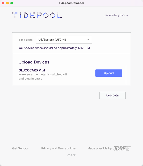 Tidepool Uploader window showing upload button next to Glucocard Vital option.
