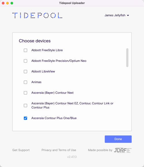 Device selection screen showing Ascensia Contour Plus One/Blue selected.