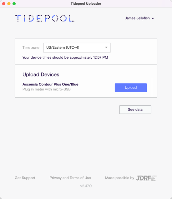 Tidepool Uploader window showing upload button next to Contour Plus One/Blue option.