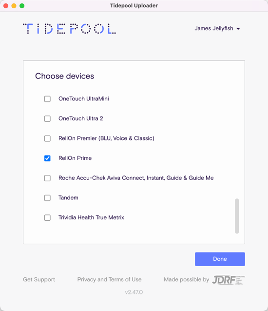 Device Selection screen showing ReliOn Prime selected.