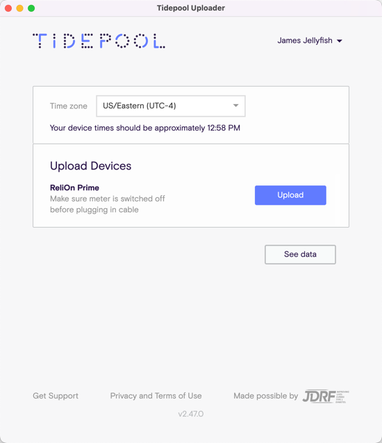 Tidepool Uploader window showing Upload button next to ReliOn Prime option.